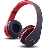 Wireless Foldable Headphones, Bluetooth Over-Ear Stereo Earbuds Wired Headsets with Built-in Microphone with 3.5mm Jack by Mikicat (Black Red)