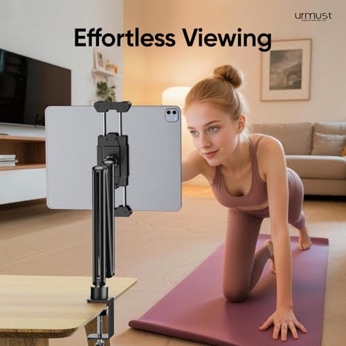 Urmust Tablet Holder Height Adjustable Aluminium Tablet Arm Holder with 360° Rotating Metal Base, iPad Holder Table Compatible with iPad Galaxy Tab Kindle & Monitor Holder from 4.7 Inch - 15.6 Inch