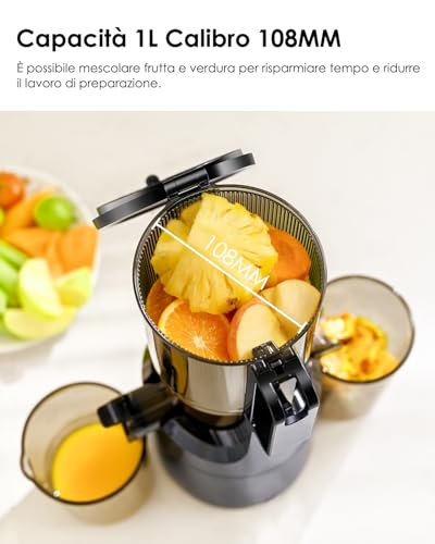Fretta Fruit and Vegetable Extractor, 108MM Opening and Capacity of 1L Juice Extractor, 200W Slow Center, 99% Preserved Nutrients, BPA Free, Easy to Disassemble and Clean