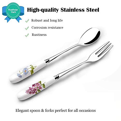 Dessert Flatware Set,Elegant Life 12-Piece Ceramic Handle Stainless Steel Dessert Fruit Cake Fork Spoon Set, 6Inches - Thumbnail 2