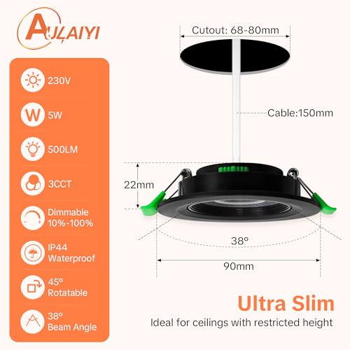 Aulaiyi LED Downlight Recessed Ceiling Dimmable 230V, 5W 500LM LED Spotlights Indoor Rotable Ceiling Warm White Neutral White Cool White, IP44 Extra Flat Portholes, Cut 68-80mm, Black 10 Pack