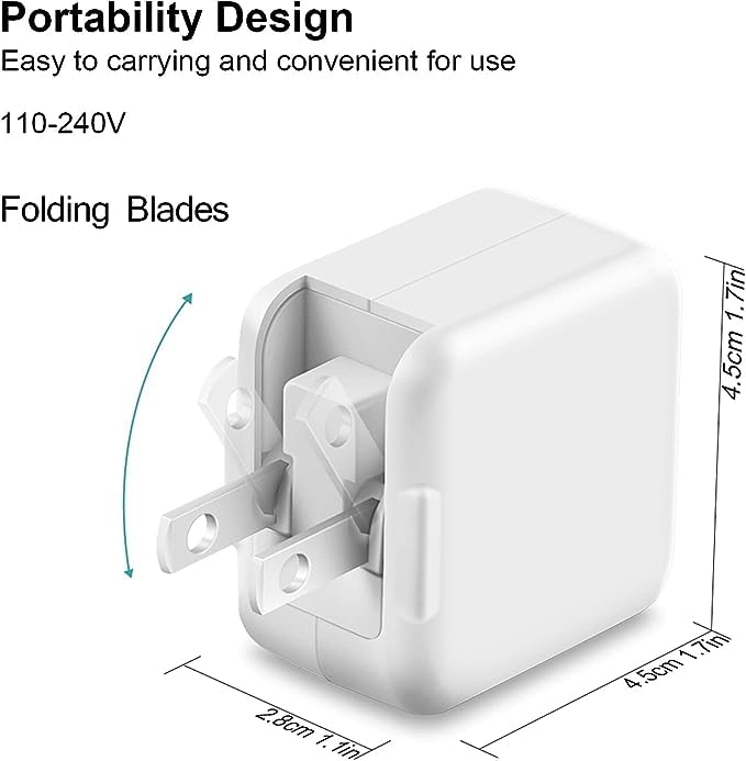 iPad Charger iPhone Fast Charger 12W USB Wall Charger Foldable Portable Travel Plug with USB Charging Modem Cables Compatible with iPhone, iPad, iPad mini, iPad Air 1/2/3, Airpod