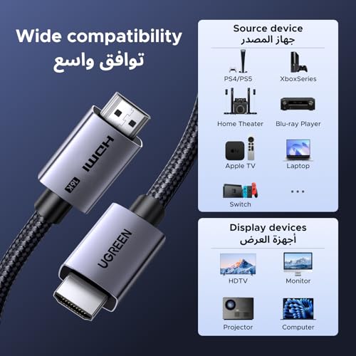 UGREEN HDMI 2.2 Cable 16K 96Gbps Braided Cord, Male to Male 2m, Supports 8K@240Hz 4K@480Hz eARC VRR QFT, Compatible with PS5 TV Monitor Aluminum Housing
