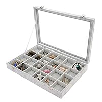Youen Jewelry Organizer Box Tray Showcase Rings Earrings Display Storage 24 Grid Velvet Brooch Buttons Lockable Case Stand Armoire Box Drawers Anti Tarnish for Traveling (Grey)