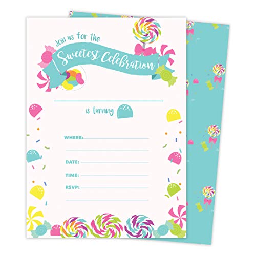 Candy 1 Happy Birthday Invitations Invite Cards (25 Count) With Envelopes & Seal Stickers Vinyl Girls Boys Kids Party