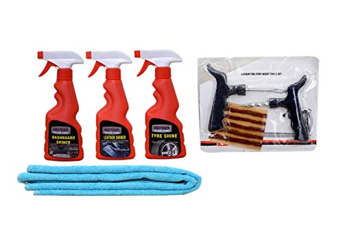 INDOPOWER KG632-1PC CAR Microfiber Cloth Sky Blue + Leather Shiner Spray 250ml+Dashboard Shiner Spray 250ml+TYRE Shiner Spray 250ml+ Tubelass Smart Panchar Kit.