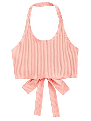 MakeMeChic Women's Sleeveless Backless Tie Back Knit Halterneck Crop Cami Top Pink S
