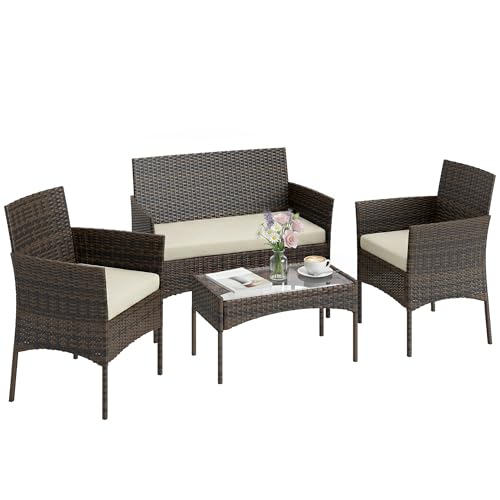 Outsunny 4 Pieces Wicker Patio Furniture Set, PE Rattan Outdoor Conversation Set with Loveseat, 2 Chairs, Tempered Glass Coffee Table and Cushions for Garden Porch Balcony, Beige