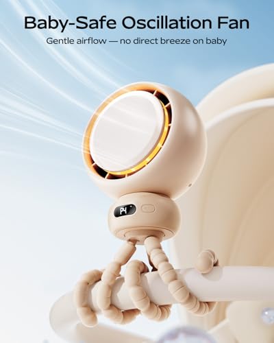Bearwind Mini Portable Stroller Fan – 60° Auto Oscillation, Quiet USB-C Rechargeable Baby Fan, 4 Speeds, Night Light & Warning Light, Flexible Tripod for Stroller, Car Seat, Crib, Camping (Brown)