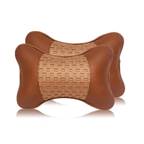 Car Headrest Pillow 2pcs Breathable Auto Neck Pillow Ergonomic Cervical Neckrest Support Pillow Brown Leather Backrest Cushion For Road Trip Travel