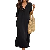 Women's Summer Cotton Linen Pleated 3/4 Sleeve Split Maxi Shirt Dress Casual Loose V-Neck Flowy Floor Length Dresses