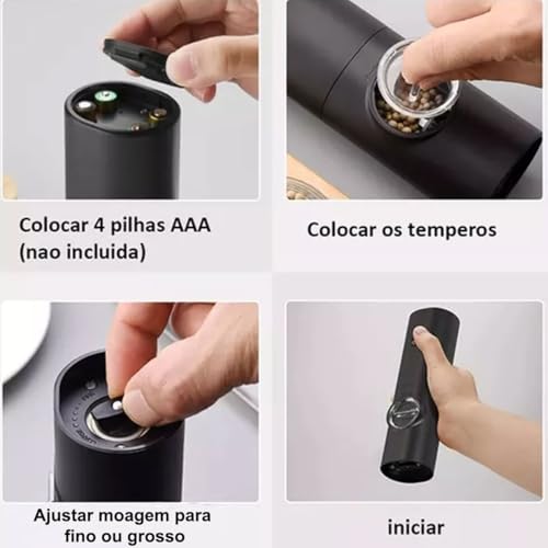 Kit 2 Moedor de Pimenta Elétrico Automático – Ajuste de Moagem, Luz LED, Recipiente Transparente para Sal, Pimenta e Temperos | Ideal para Cozinha e Churrasco Pilha Premium