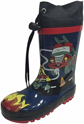 SIYA Little Boys Blue &amp; Black Fire Truck Fireman Rain Boots w/ Lining, New (12.5)