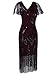 Vijiv Women's Vintage 1920s Dresses Gatsby with Sleeves Long Sequin Flapper Dress for Party Wedding Evening, Burgundy, X-Large