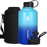 SENDESTAR 64 oz Beer Growler Double Wall Vacuum Insulated Leak Proof Stainless Steel Water Bottle -Wide Mouth with Flat Cap & Spout Lid Includes Water bottle Pouch (Mint/Cobalt)
