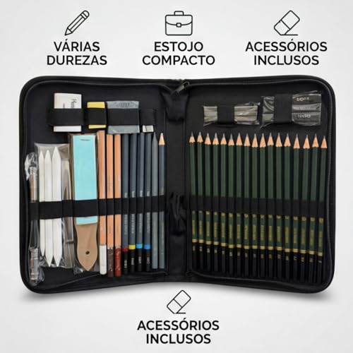 Kit Lapis de Desenho Profissional 42 Peças com Estojo Portátil, Lapis Grafite Profissional, Borrachas, Estilete e Acessórios para Artistas e Estudantes Linha Super Premium