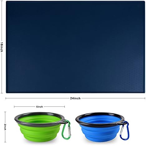 Waterproof FDA Large Pet Food Mat Non-Toxic Grade Silicone Pet Mat with 2 Pack of Collapsible Travel Feeding Bowl for Dogs and Cats (Blue)