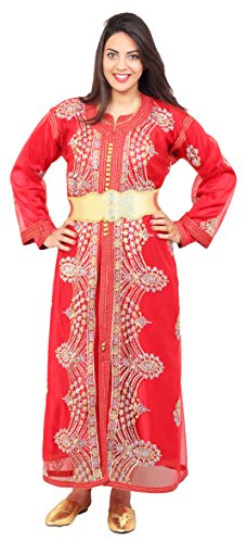 Moroccan Caftan Women Handmade Embroidery SMALL to LARGE Complimentary Belt Red