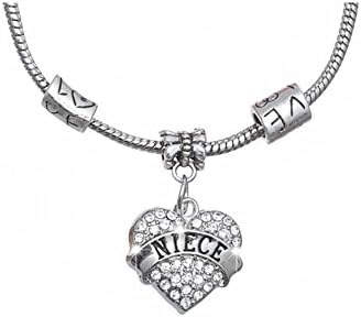 Bling Crystal Clear Zircon Pave Heart Love European Charm Bead Snake Chain Bracelet with Extender Gift from "Niece"
