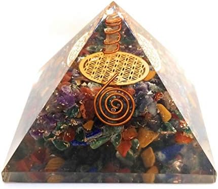ORGONE Pyramid Chakras Mix Stone with The Flower of Life Symbol, ORGONITE Energy Generator with Crystal Point & Reiki Energy