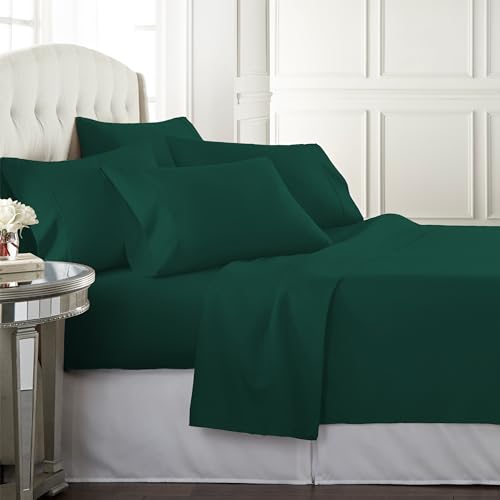 Danjor Linens Bed Sheet Set King Size for Hot Sleepers, Hotel Premium Sheets with 4 Pillowcases, Lightweight Brushed Microfiber Deep Pockets, Breathable Cooling 6 Piece Bedding Sets, Forest Green