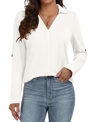 GAMISS LONG SLEEVE SHIRTS FOR WOMEN COLLARED BUSINESS TOPS OFFICE POLO V NECK SHIRT BEIGE, M