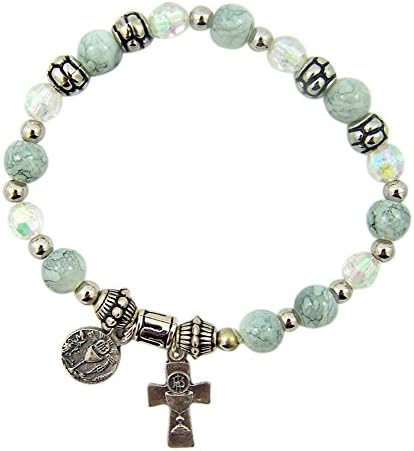 Silver Tone First Communion Chalice Charm Bracelet with Glass Beads, 6 Inch