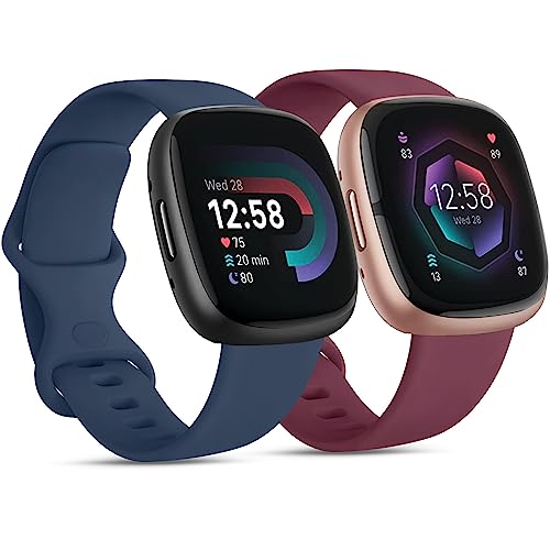 [2 Pack] Strap compatible for Fitbit Versa 3 Straps/Fitbit Sense/Sense 2 Strap for Women Men, Silicone Replacement Strap Wristband Watchband Small Large for Fitbit Versa 4 (Navy blue+Wine red, Large)