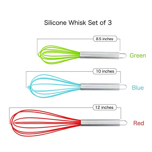 Set of 3 Multi-Color Silicone whisks with stainless steel handles. Milk & Egg Beater Balloon Metal Whisk for Blending, Whisking, Beating and Stirring. Whisks for cooking by Dragonn. (Multi Color)