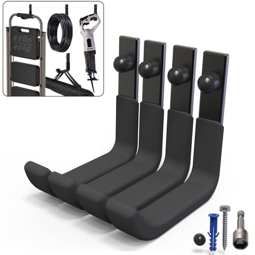 SunVFaFa 4 Hooks Wall Heavy Duty Garage Hooks for Hanging Storage, J-Hook Wall Tools Holder, Multipurpose Hooks for Sports Equipment Hangers (4 inch, 40 kg)