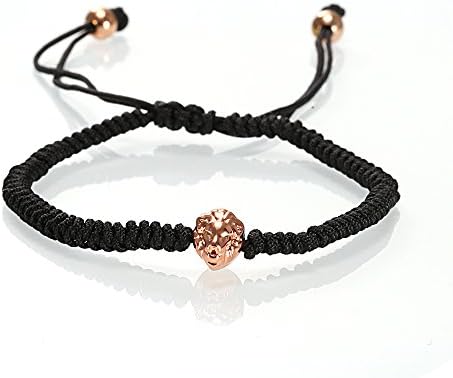 Adjustable Nylon Black Rope Braid and Stainless Steel Lion Head Bracelet Rose Gold Plated Color