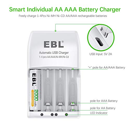 EBL Rechargeable AA Batteries 2000mAh (4 Pack) and Rechargeable Battery Charger for Ni-MH/Ni-CD AA AAA Rechargeable Batteries