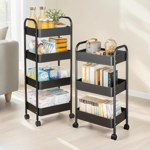 Beauenty 4 Tier Trolley Organizer,Metal Rolling Storage Cart,Mobile Utility Storage Rack,With Handle And Lockable Casters Multifunctional Organizer For Kitchen,Bathroom,Laundry Room Living Area(Black)