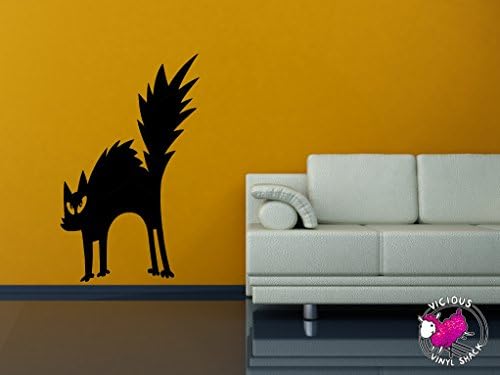 Spooky Halloween Scared Cat Arching Decoration (BLACK) Vinyl 30 inch Wall Decal Sticker Home Decor Stickers Car Jack O Lantern Pumpkin Costume Trick or Treat Haunted House Removable Witch Bats Vampire