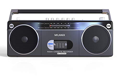 Milanix Portable Boombox Stereo Tape Cassette Player/Recorder with Bluetooth, USB, SD, AM/FM Radio and Headphone Jack- Gray