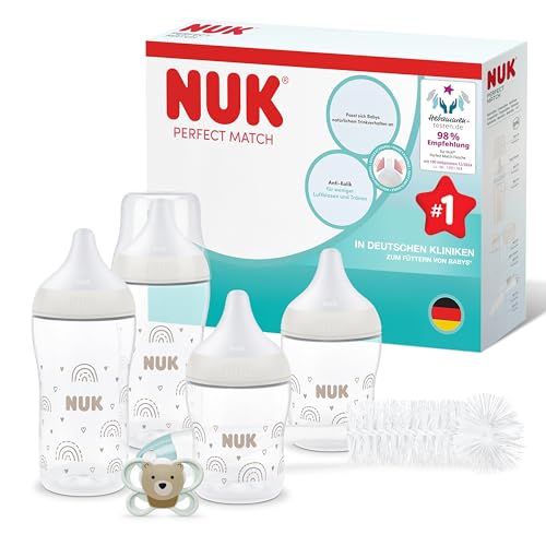 NUK Perfect Match Perfect Start Newborn Essentials Baby Bottles Set | 0-6 Months | 4 x Anti-Colic Feeding Bottles (150ml, 260ml), 1 x Perfect Match Air Dummies, 1 x Bottle Brush | Rainbow | 6 Count