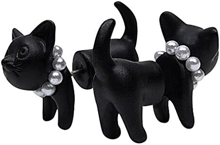 FanC, Women's Adorable Black Cat White Faux Pearl Collar Two Part Stud Earring