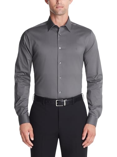Calvin Klein Men's Dress Shirt Slim Fit Stretch Flex Collar Solid Grey