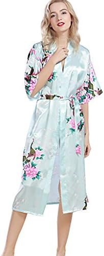 Women's Summer Satin Robe Long Peacock Kimono with Sleeve M Light Blue