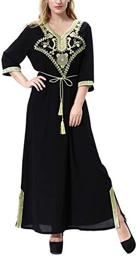 BOLAWOO Women's Cleric Abaya Long Dubai Dresses Islamic Muslim Maxi Fashion Brands Dress Embroidery 1 2 Sleeve V Neckline Kaftan Ramadan Dress with (S Blue)