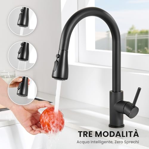 CECIPA Black Kitchen Tap with 2 Types of Modes, Black Kitchen Mixer with Pull-Out Shower 40 cm, Single Lever Mixer Tap in Stainless Steel