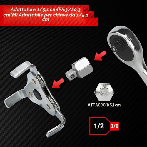 SHALL Set di chiavi per filtri dell'olio, pinze per filtri dell'olio da 12 pollici, strumento di rimozione della chiave per filtri dell'olio regolabile a 3 ganasce, adattatore da 1/2" F a 3/8" M