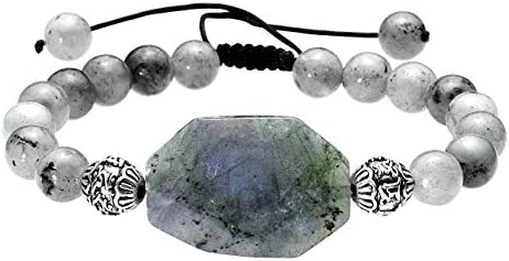 CrystalTears 8MM Natural Labradorite Bracelet, Spectrolite Stone Beads Power Protection Energy Aura Beads with Irregular Faceted Gems Braided Macrame Bracelet