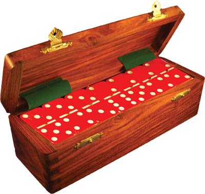 Domino Double Six Red in Dovetail Jointed Sheesham Wood Box - Jumbo Tournament Size w/Spinners