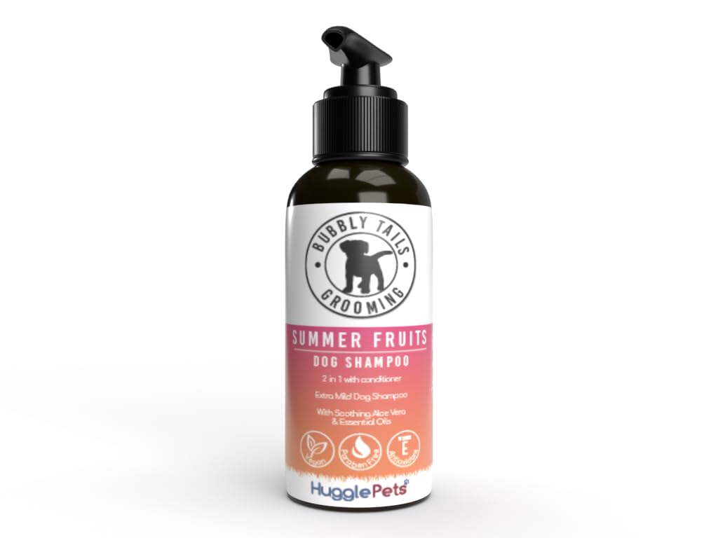 HugglePets Bubbly Tails Summer Fruits 2in1 Hypoallergenic Refreshing Dog Shampoo & Conditioner 500ml Fragrant Grooming Clean Fresh-Smelling Pups. Paraben Free & Vegan Friendly Cruelty Free Dog Shampoo