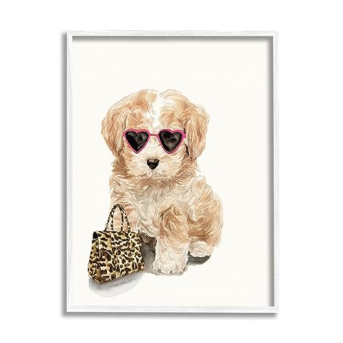 Stupell Industries Trendy Puppy with Purse White Framed Giclee Art Design by Ma…