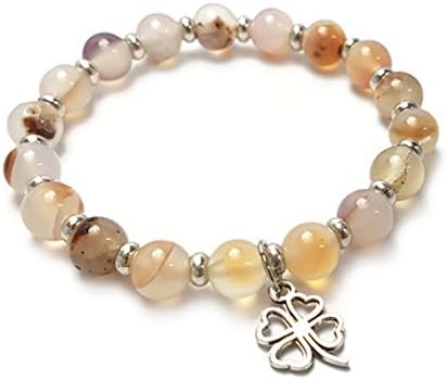 8 mm Natural Multicolor Stone Beads Charm Elastic Bracelet, Silver Tone Four Leaf Clover
