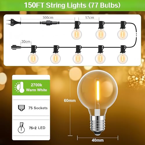 LaPitio Outdoor Light Chain 45.7 m IP45 Waterproof Connectable Outdoor Lights with 75 + 2 G40 Shatterproof Plastic Bulbs, Warm White 2700 K for Garden, Patio, Parties, Weddings