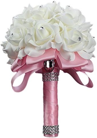 dingdangbell Wedding Flowers Bridal Bouque Handmade Rose Foam Crystal Diamante Bridesmaid Flower (Pink)