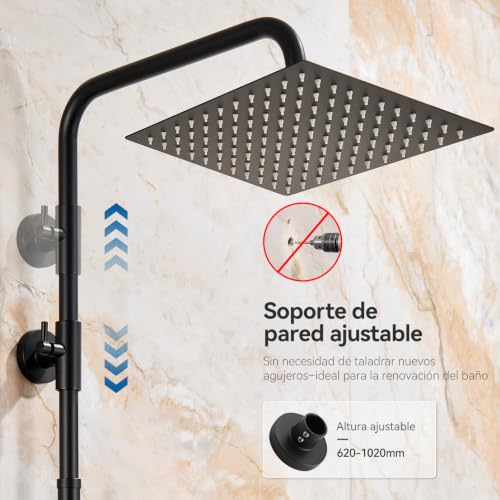 Auralum Columna Ducha Sin Grifo, Rociador de Ducha 25x25cm Acero Inoxidable 304, Alcachofa Ajustable y Estante Sin Taladro, Barra Ducha 62-102cm Compatible Orificios Existentes para Bañera, Negro